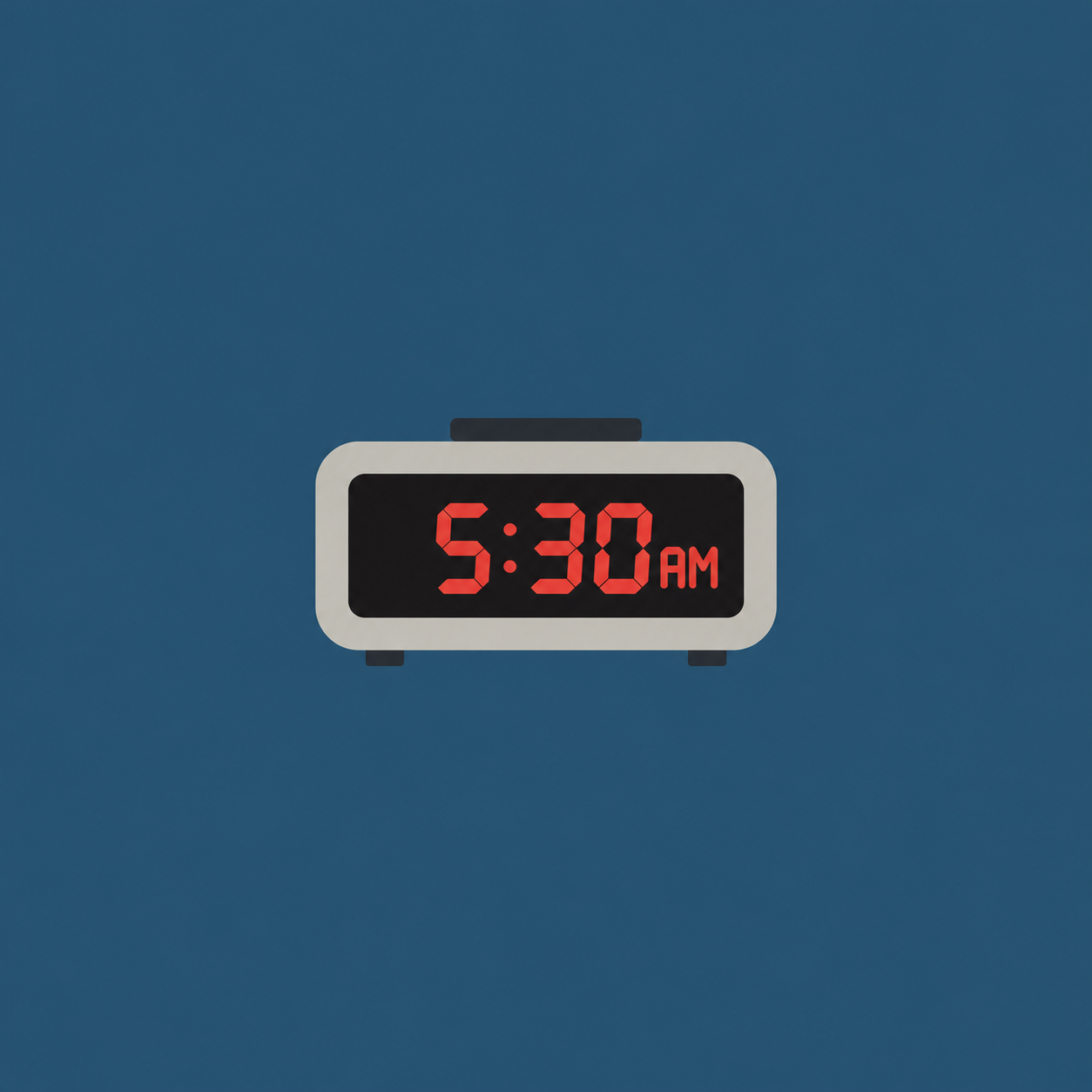Bedside alarm clock showing 5:30AM in red on slate blue.