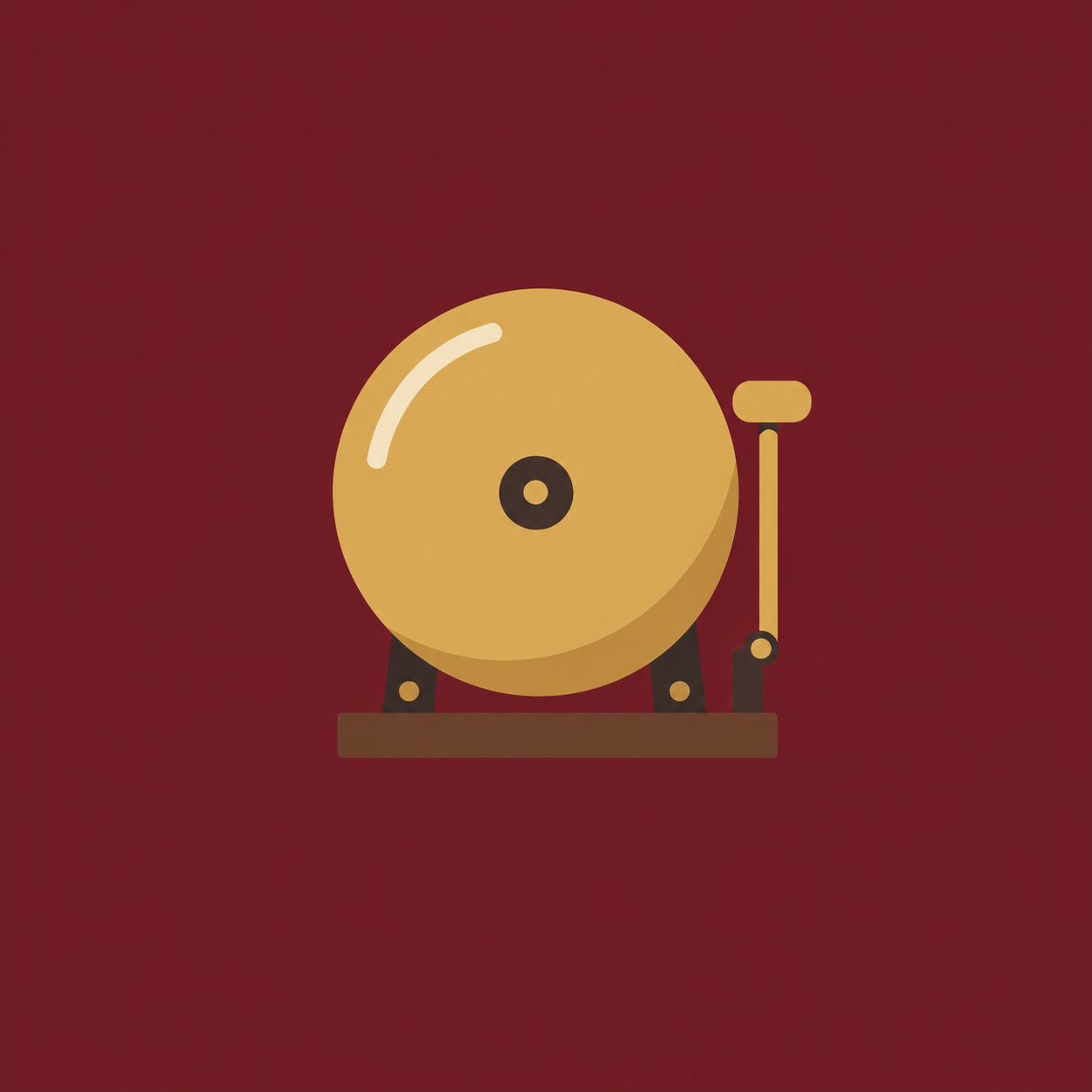 Gold boxing ring bell and striker on an oxblood background.